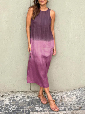 Sleeveless cotton and linen long dress with slit and tie-dye gradient