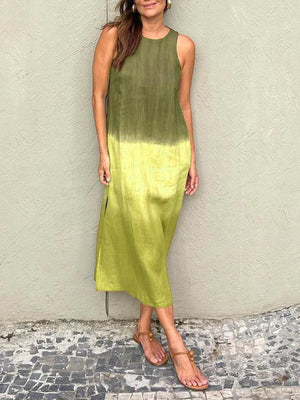 Sleeveless cotton and linen long dress with slit and tie-dye gradient