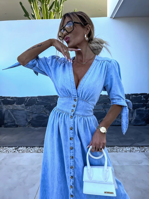 Long Chambray Dress with Front Slit