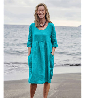 Loose Cotton Emerald Dress with Pocket