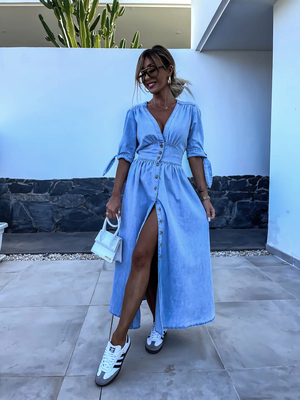 Long Chambray Dress with Front Slit