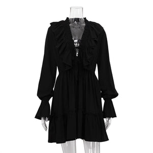 Rosalie™ | Elegant Ruffle Mini Dress with V-Neck and Long Sleeves