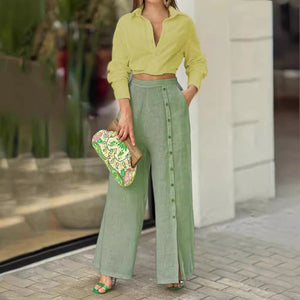 Cotton Lapel Shirt and Loose Pants Set