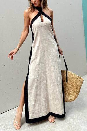 Camile Dress with Crossed Halter Neckline and Side Slits