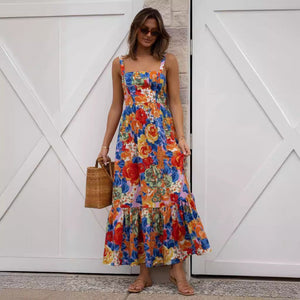 Vibrant Floral Print Square Neck Long Dress