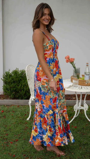 Vibrant Floral Print Square Neck Long Dress