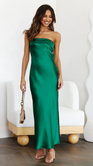 Solid Satin Long Dress with Folded Neckline