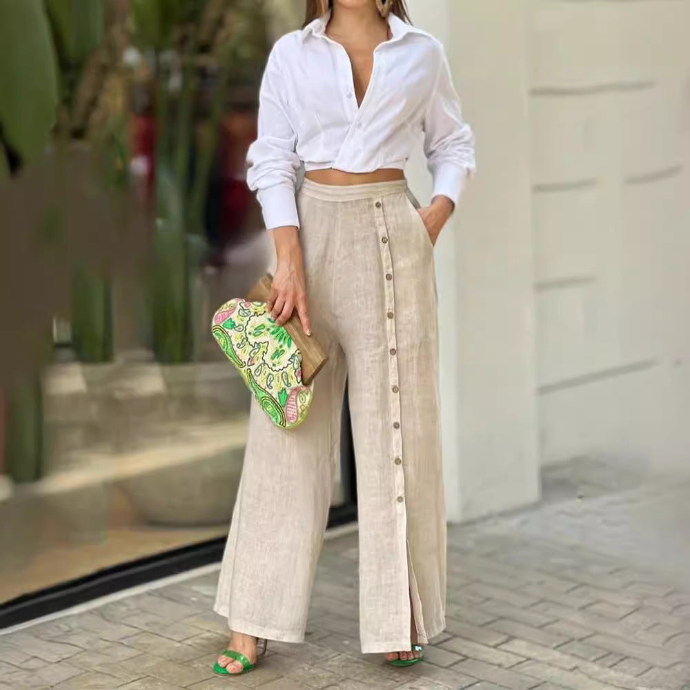 Cotton Lapel Shirt and Loose Pants Set