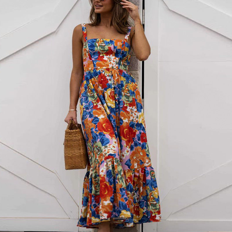 Vibrant Floral Print Square Neck Long Dress