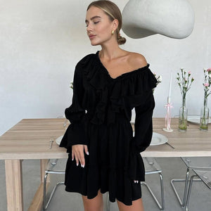 Rosalie™ | Elegant Ruffle Mini Dress with V-Neck and Long Sleeves