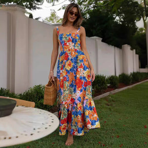 Vibrant Floral Print Square Neck Long Dress