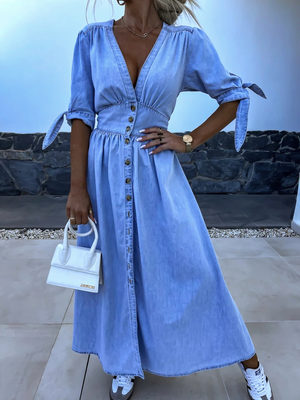 Long Chambray Dress with Front Slit