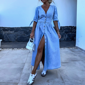 Long Chambray Dress with Front Slit