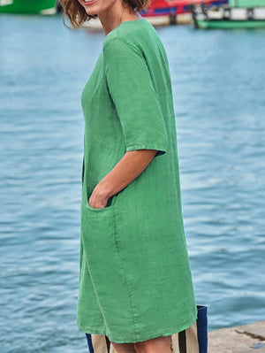 Loose Cotton Emerald Dress with Pocket