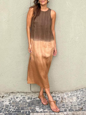 Sleeveless cotton and linen long dress with slit and tie-dye gradient