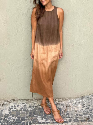 Sleeveless cotton and linen long dress with slit and tie-dye gradient