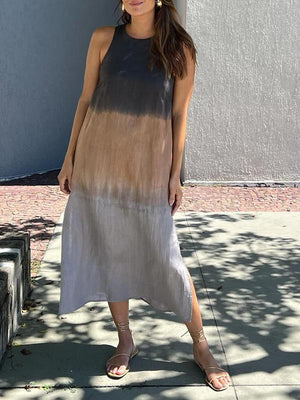 Sleeveless cotton and linen long dress with slit and tie-dye gradient