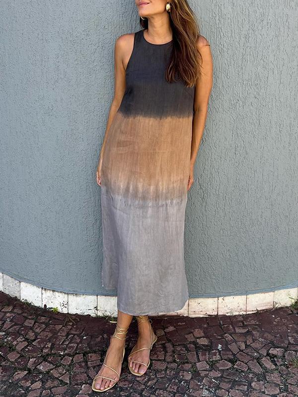 Sleeveless cotton and linen long dress with slit and tie-dye gradient