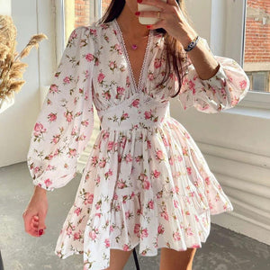 Floral V-neck Short Dress