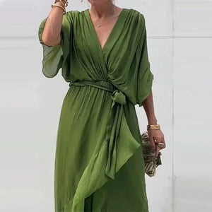 Ava Midi Dress with V-Neck and Loose Sleeves