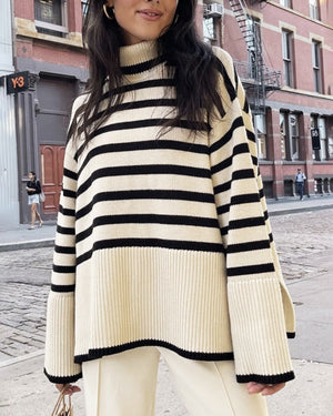 Oversize Striped Knitted Sweater Blouse Turtleneck