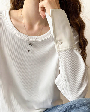 Ribbed Knit Blouse Long Sleeves with Button