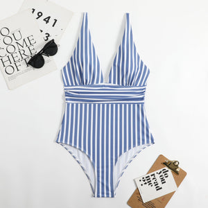 Striped V Neck Retro Swimsuit