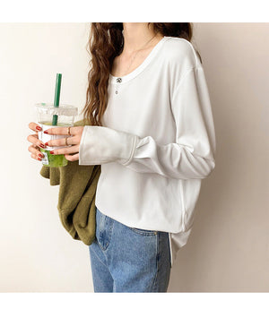 Ribbed Knit Blouse Long Sleeves with Button