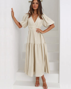 Ella Dress V Neckline Puffed Sleeves