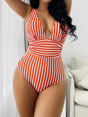 Striped V Neck Retro Swimsuit