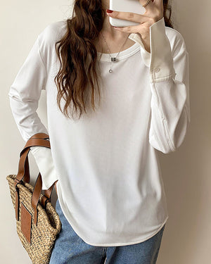 Ribbed Knit Blouse Long Sleeves with Button