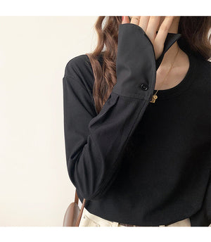 Ribbed Knit Blouse Long Sleeves with Button