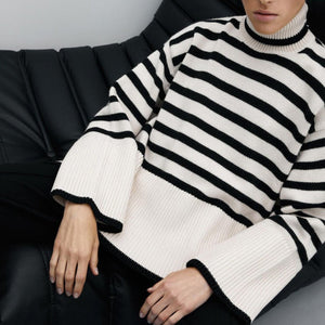 Oversize Striped Knitted Sweater Blouse Turtleneck