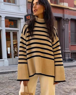 Oversize Striped Knitted Sweater Blouse Turtleneck