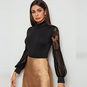 Black Bodysuit High Neck Sleeve Transparent Lace