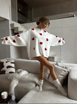 Love Hearts Embroidered Knit Sweater