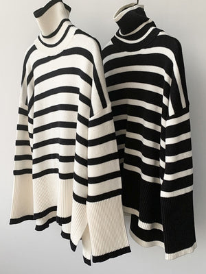 Oversize Striped Knitted Sweater Blouse Turtleneck