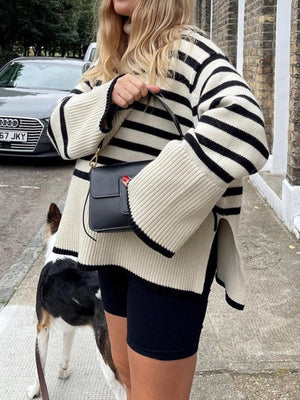 Oversize Striped Knitted Sweater Blouse Turtleneck