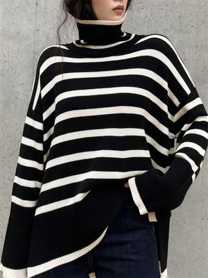 Oversize Striped Knitted Sweater Blouse Turtleneck