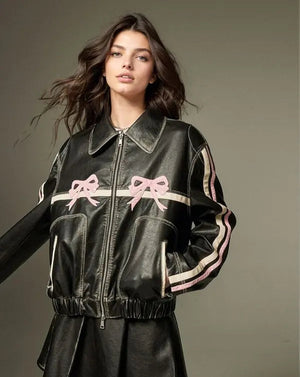 Pink Bow Black Faux Leather Jacket