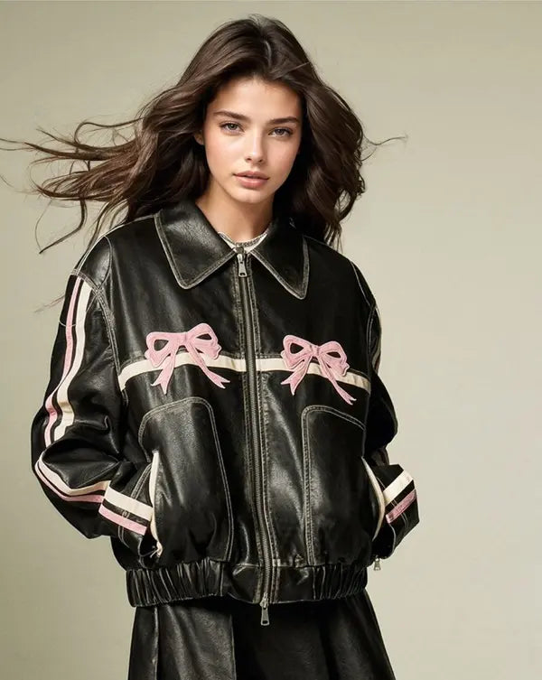 Pink Bow Black Faux Leather Jacket