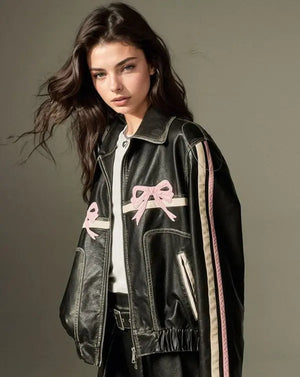 Pink Bow Black Faux Leather Jacket