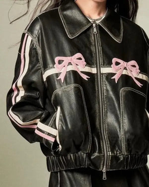 Pink Bow Black Faux Leather Jacket