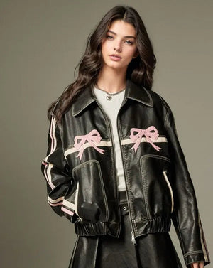 Pink Bow Black Faux Leather Jacket