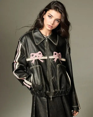 Pink Bow Black Faux Leather Jacket