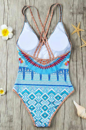 Bohemian V Neck Criss-Cross One Piece Swimsuit