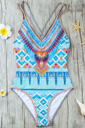 Bohemian V Neck Criss-Cross One Piece Swimsuit