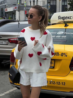 Love Hearts Embroidered Knit Sweater